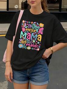 Camiseta Negra con Estampado Floral y Texto La Mejor Mama del Mundo para Mujer Casual - Negro - Ver 1