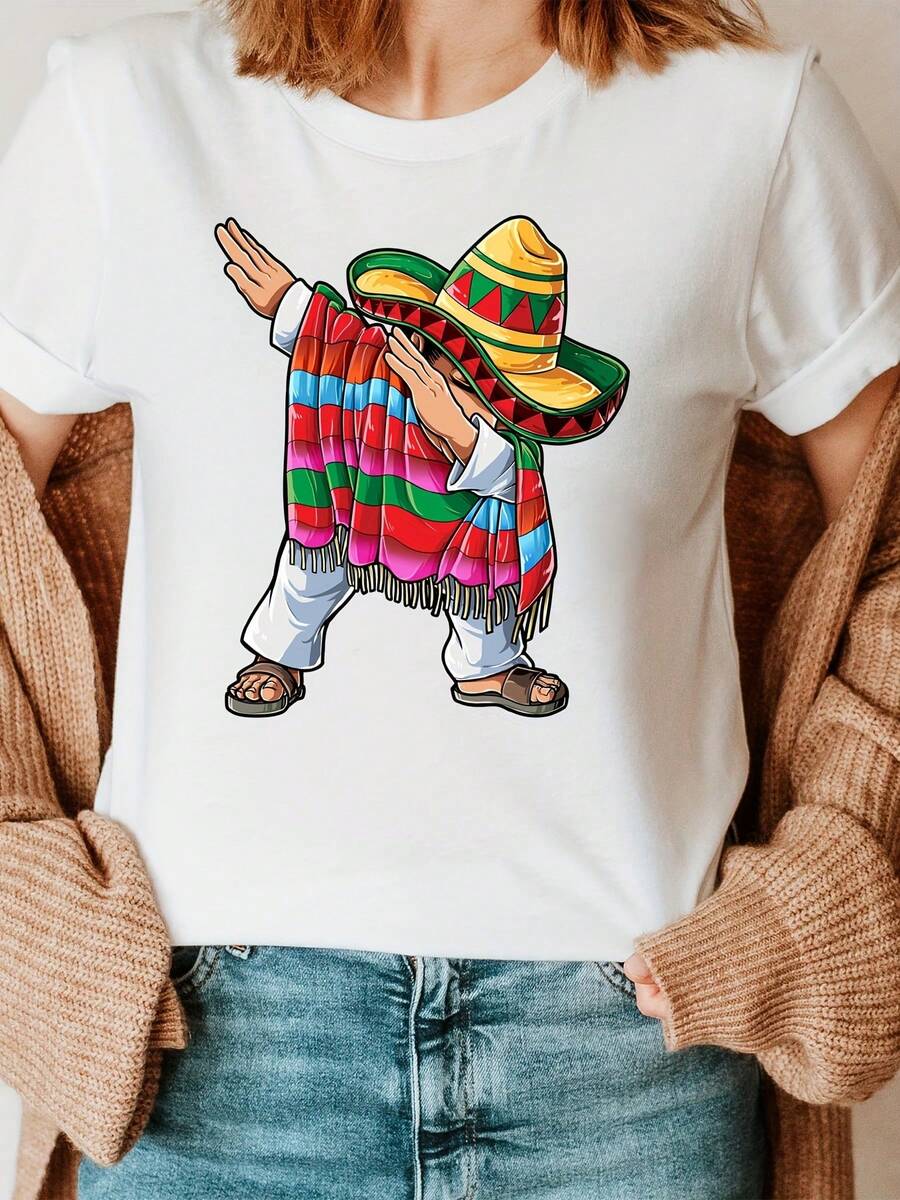 Unisex Size. Women's Plus Size Summer Cotton T-Shirt. Wide Brim Hat, Oversized Scarf, Mexican Letter Print T-Shirt, Casual Short-Sleeved Crew Neck Top For Summer And Spring, Women's Clothing. Sweat-Absorbing, Soft, And Skin-Friendly Material. - 白色 - 查看 1