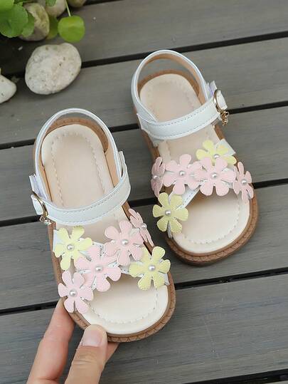 Summer New Girls Sweet Princess Style Open Toe Sandals, Colorblock 3D Flower Pearl Decor, Hook And Loop Soft Non-Slip Rubber Sole, Children Daily Casual Beach Shoes