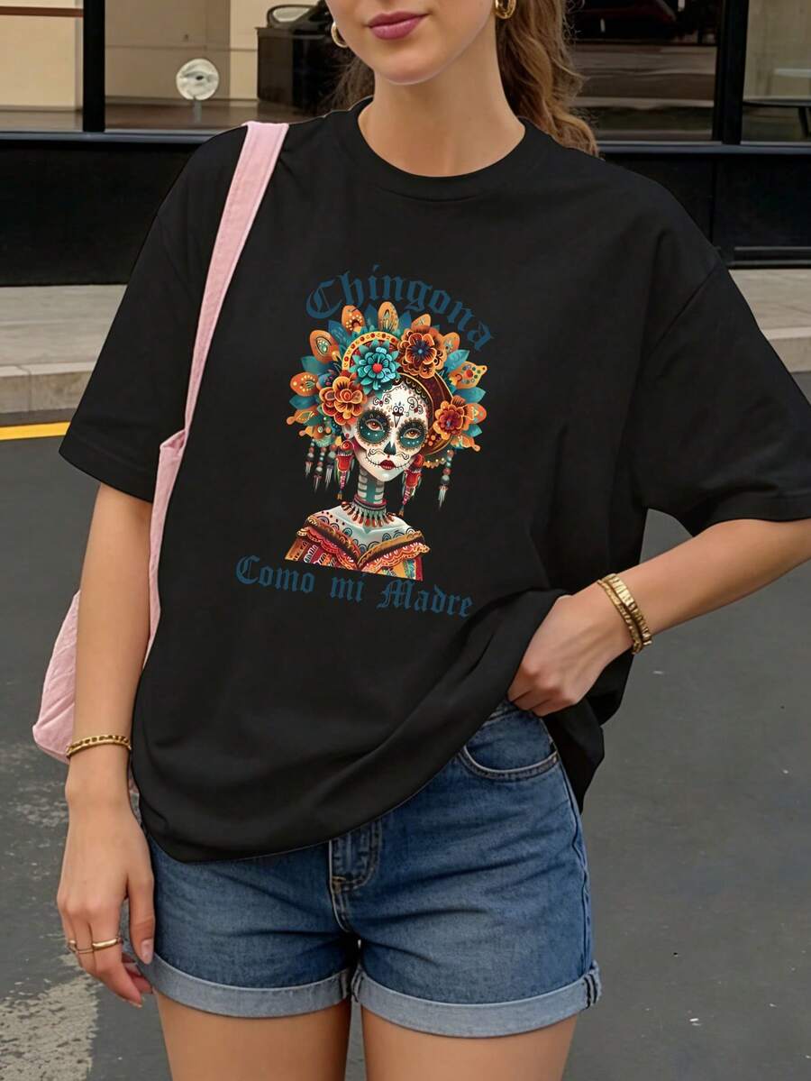 Camiseta Negra con Estampado de Calavera Mexicana y Texto Chingona Como Mi Madre para Mujer Casual - Negro - Ver 1