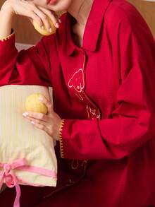 Gongdie 女士红色长袖纯棉睡衣套装（2件套），春秋季 - 紅色 - 查看 3