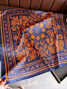 1 pieza Pañuelo cuadrado de satén estampado para mujer, estilo bohemio, pañuelo de cuello casual para dama - FG265-1 Azul marino - Ver 8