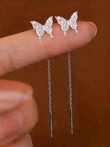 1 paire de boucles d'oreilles à gland papillon en argent sterling S925, style minimaliste et élégant, étincellement luxueux, convient pour le port quotidien des femmes ou comme cadeau de fête haut de gamme, bijou unique et délicat à la mode - Papillon - Voir 2