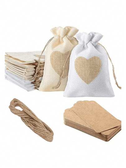Bộ 10/20/30 túi quà tặng bằng vải bố hỗn hợp - Túi đựng trang sức hình trái tim - Túi vải bố có dây rút, thích hợp cho các sự kiện tiệc tùng, sắp xếp trang sức, bộ dụng cụ may vá hình trái tim và túi quà tặng có nhãn.