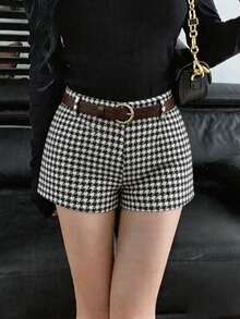 Women's Spring/Summer Houndstooth Print Shorts With Belt Design To Accentuate Waistline, Shorts With Belt Loops, Suitable To Pair With Boots, Slimming And Elongating, Elegant Retro Casual Daily Holiday Sexy Commute Office Shorts - Multicolor - View 4
