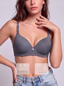 1 pièce Soutien-gorge confortable et décontracté pour femmes, sans fil, avec bonnet souple, de couleur unie - Gris - Voir 2