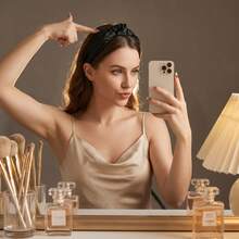 1PCPleated Knotted Wide - Edge Headband, Fabric - Edged, Beige/Black, For Daily Makeup & Outfits - Multicolor - View 7