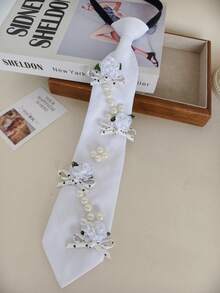 1 chiếc vòng cổ ngắn, vòng cổ choker bằng polyester màu đen với họa tiết hoa cúc xanh tươi tắn và trang trí ngọc trai, phụ kiện phong cách Y2K dành cho nhóm nhạc nữ, buổi hòa nhạc, tiệc tùng, chụp ảnh đường phố. - Ngọc trai hoa nhỏ màu trắng - Xem 3
