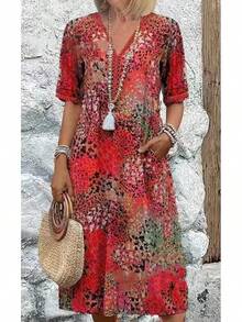 New European American Fashion Printed Lace Trimmed V Neck Short Sleeve Dress - 藍色 - 查看 9