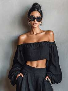 Conjunto de top corto de hombros descubiertos y pantalones de pierna ancha - Negro - Ver 4