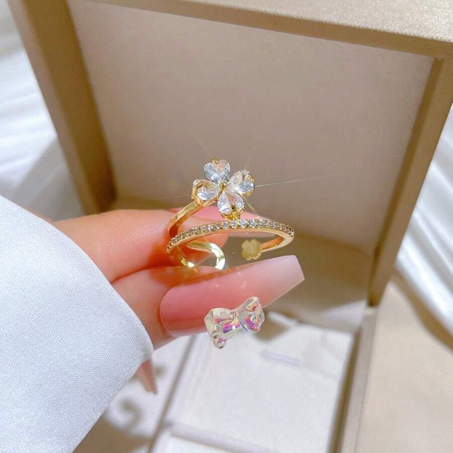 1件裝 鋯石鑲嵌雙層花朵女款時尚戒指,禮品飾品 - 花朵戒指 - 查看 1
