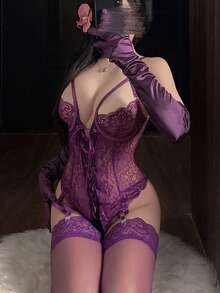Sexy Floral Lace Corset Lingerie Set With Garter Belt, Transparent Panties And Luxury 7/8 Stockings - 紫丁香色 - 查看 4