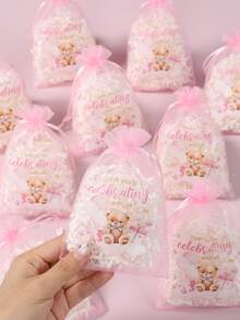 10 túi quà lưới hình gấu hồng, túi organza dây rút 15*10cm, thích hợp cho tiệc mừng em bé chào đời, trang trí tiệc sinh nhật lần thứ nhất, túi quà tặng, đựng trang sức, tiệc tiết lộ giới tính, tiệc mừng em bé, quà tặng tiệc cưới, trang trí tiệc ngày lễ. - Gấu hồng - Xem 1