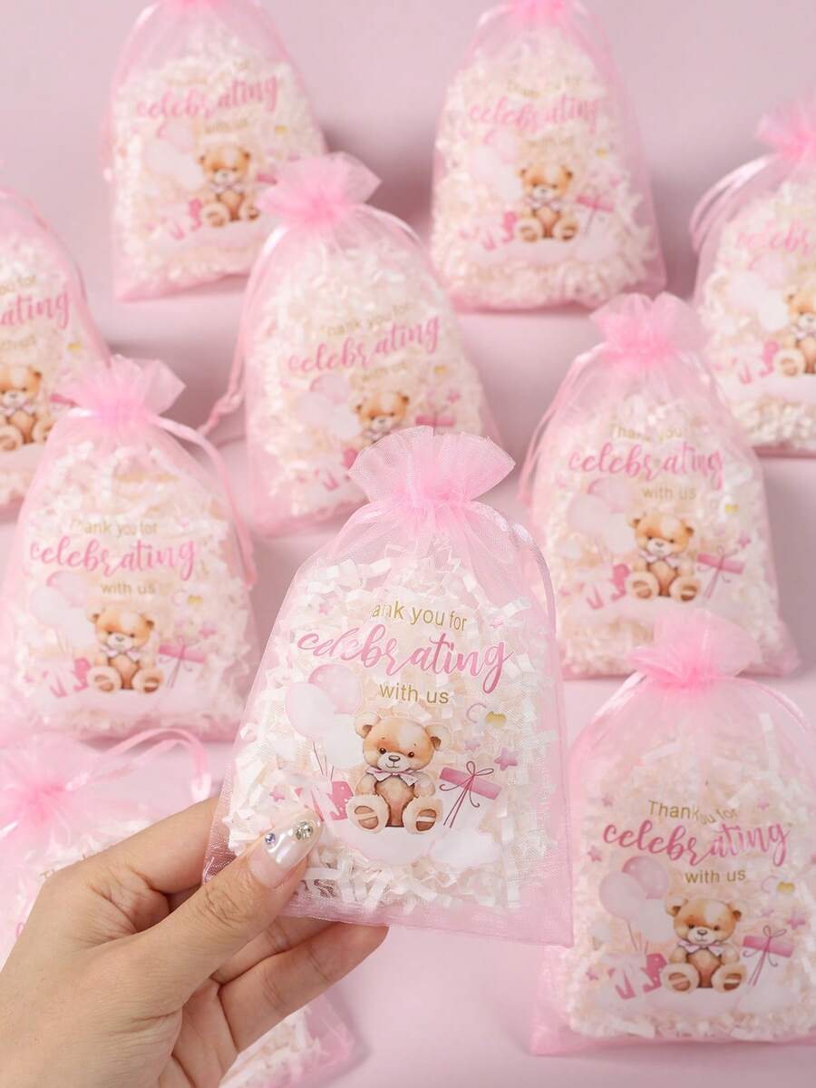 10 túi quà lưới hình gấu hồng, túi organza dây rút 15*10cm, thích hợp cho tiệc mừng em bé chào đời, trang trí tiệc sinh nhật lần thứ nhất, túi quà tặng, đựng trang sức, tiệc tiết lộ giới tính, tiệc mừng em bé, quà tặng tiệc cưới, trang trí tiệc ngày lễ. - Gấu hồng - Xem 1