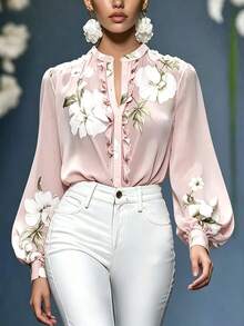 Blusa elegante de diseño con volantes franceses para mujer, adecuada para salidas diarias, ir al trabajo, citas, fiestas de té, atuendos de jardín, color rosa - Rosa - Ver 3