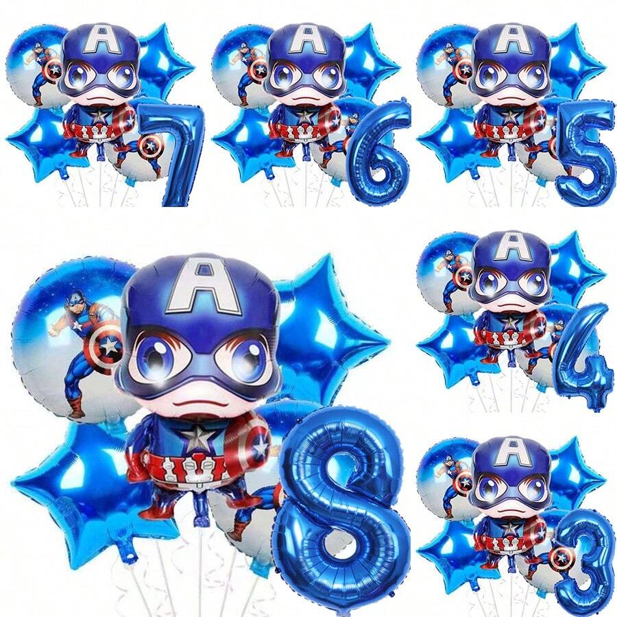 6件套官方授权卡通盾牌队长超级英雄蓝色主题生日派对气球装饰套装,卡通图案铝箔气球,32英寸蓝色1-9数字铝箔气球,生日快乐气球套装,适用于生日成长仪式派对墙面装饰背景,气球装饰用品 - 查看 1