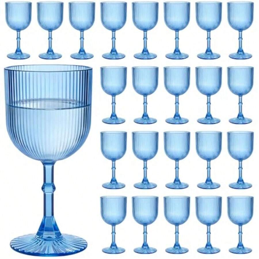 Plastic Goblets 9oz Ribbed Acrylic Wine Glasses Vintage Drinking Glasses With Stem Unbreakable Reusable Disposable Water Goblets Bulk For Parties Weddings Dinner Mother's Day Blue 24pcs - Xem 1