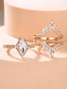 Vanel 1 Set de Anillos Minimalistas Elegantes, 2 Piezas con Marquesa Solitaria y Bandas con Pavé de CZ, Joyería de Moda para Uso Diario - amarillo dorado-blanco - Ver 2