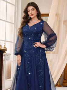 Plus Size Deep V-Neck Sequin Floral Lace Contrast Mesh Mermaid Ruffle Hem Evening Party Dress, Wedding Guest Dress Elegant - Navy Blue - View 10