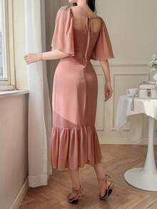Vestido elegante de mujer de unicolor con cuello cuadrado y dobladillo con volantes, conjunto de ropa para el Día de San Valentín para mujer - Rosa - Ver 3