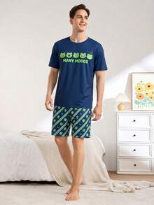 Men's Cartoon Frog Animal Graphic Printed Pajamas Set Short Sleeved Top And Shorts - Navy Blue - View 3