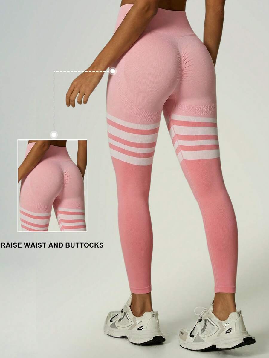 UONNOU Seamless Striped Sports Leggings, Butt Lifting Compression Workout Pants - Pink - View 1