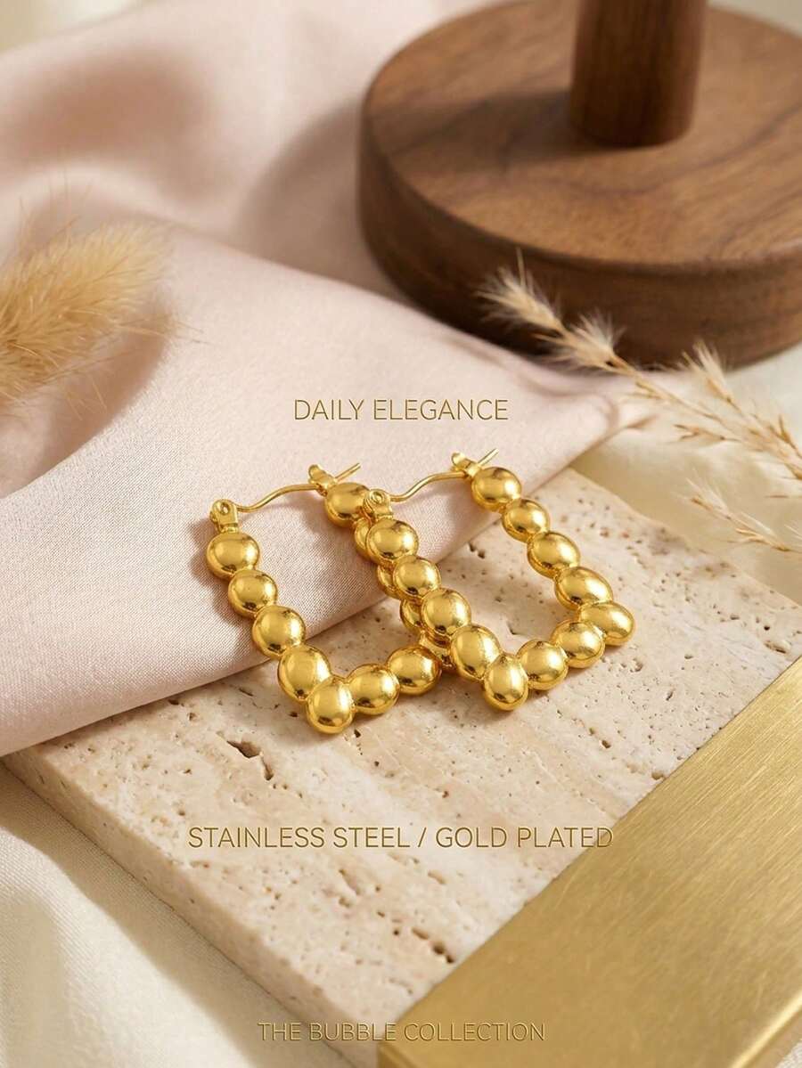 1 Pair Vintage Daily Elegance The Bubble Collection Beaded/Square Bubble Hoop Earrings For Women, Tarnish-Resistant Stainless Steel & Gold Plated Earrings, Multiple Styles Available - Multicolor - View 1