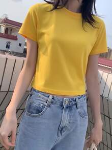 Short Sleeve T-Shirt, Solid Color, New Summer Style, Slim Fit, Versatile Round Neck Top Casual - Yellow - View 3