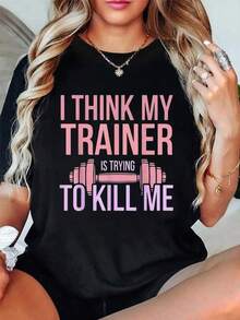 100% Cotton Trainer Trying To Kill Me Funny Workout Gym Fitness T-Shirt Short Sleeve Crew Neck Casual Top For Summer & Spring, Women's And Men's Graphic T-Shirt, Classic Unisex Graphic Print T-Shirt – Perfect For Everyday Wear. Casual Summer Shirt Made Of Cotton: Soft, Lightweight And Comfortable To Wear. Stylish, Casual Design UYIE - Black - View 1