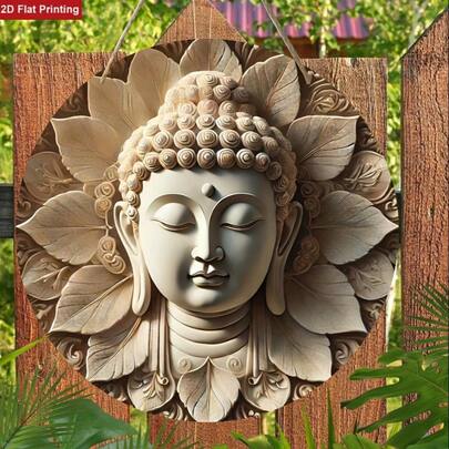 2D Flat Vintage Round Wooden Buddha Plaque With Lotus Illustration, Suitable For Home, Bar, Garage, Cafe, Garden