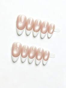 10 piezas de pegatinas de uñas blancas mate hechas a mano, con líneas suaves, transición natural con base nude, crean un aspecto suave y transparente, bordes redondeados, alargan visualmente los dedos, adecuadas para todo tipo de manos, forma de manicura francesa - Rosa Pálido - Ver 1