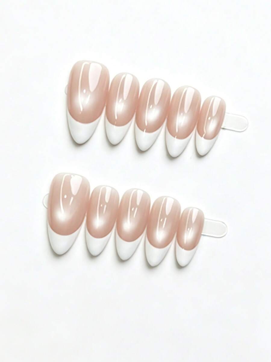 10 piezas de pegatinas de uñas blancas mate hechas a mano, con líneas suaves, transición natural con base nude, crean un aspecto suave y transparente, bordes redondeados, alargan visualmente los dedos, adecuadas para todo tipo de manos, forma de manicura francesa - Rosa Pálido - Ver 1