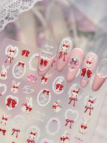 1 miếng dán móng tay 3D hình thỏ và nơ dễ thương, thiết kế khung ren đỏ trắng, decal tự dính cho bộ móng tay ngọt ngào của bé gái, dụng cụ làm móng nghệ thuật DIY. - Nhiều màu - Xem 1