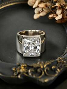 1 pieza Anillo de banda ancha minimalista, incrustado con circonita brillante, disponible en forma ovalada, cuadrada o de corazón, regalo de aniversario, duradero para uso diario, adecuado para fiestas y celebraciones - Anillo - Ver 5