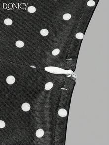 DONICY 女士复古黑色波点连衣裙，弹力面料，心形领口，短袖，喇叭下摆，适合派对和夏季穿着。 - 黑色 - 查看 3