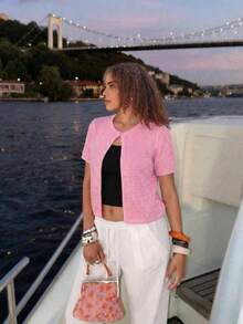 女士春夏新款针织上衣，休闲简约度假风，橙色纯色圆领短袖菱形纹理半开领设计，沙滩度假旅行穿搭，亮片上衣，女士夏季服装 - 粉紅 - 查看 10