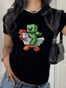 100% Cotton Camiseta de Mujer con Diseño Divertido Creeper Montando un Pollo Pixelado,Estilo Casual y Moderno,Perfecta para un Look Original y Cómodo. - Negro - Ver 2