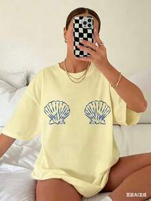 Graphic TeesWomen's Tropical Shell Print Casual T-Shirt - High Elasticity Round Neck Short Sleeve Top, Machine Washable White Blue Summer Beachwear, All-Season Comfortable Fit, Breathable Fabric, Simple Design, Tops For Women, Vacation Outfits For Women100% CottonWomen's Casual Easter Cotton T-Shirt Soft Breathable Daily Tee - 黃色 - 查看 3