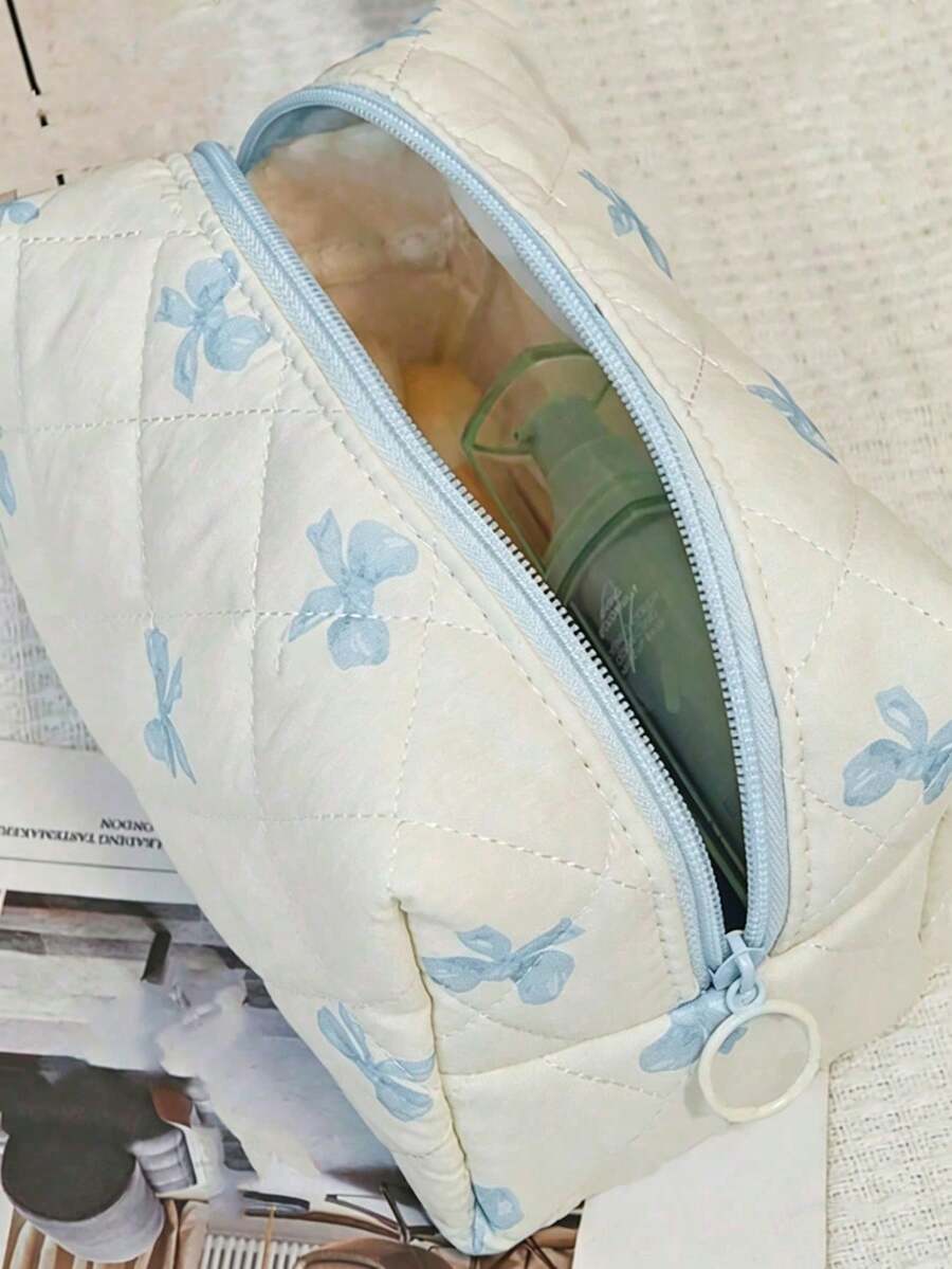 1个时尚蓝色蝴蝶结化妆包，菱形图案化妆袋，可爱印花化妆品收纳包，旅行洗漱包，学生铅笔盒，春夏旅行必备，房间装饰，桌面收纳包