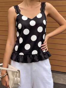 Camisetas de tirantes con estampado de lunares, ribete de encaje, escote en V con volantes y espalda descubierta para mujer, ideales para salir en verano. - Negro - Ver 6