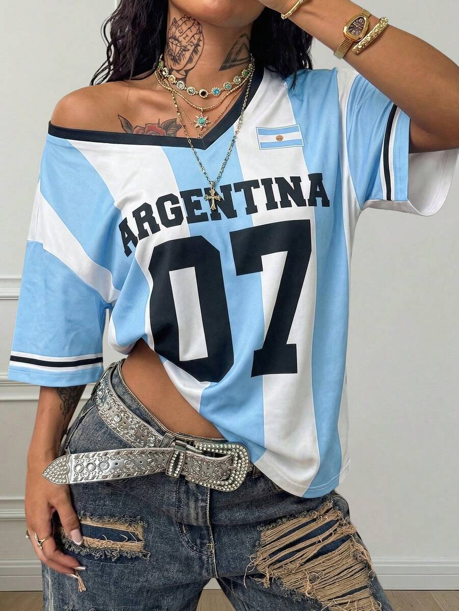 复古款 #07 条纹橄榄球球衣 - 蓝白宽松 V 领上衣，女款条纹宽松 #07 橄榄球球衣 - 蓝白 V 领 - 彩色 - 查看 1