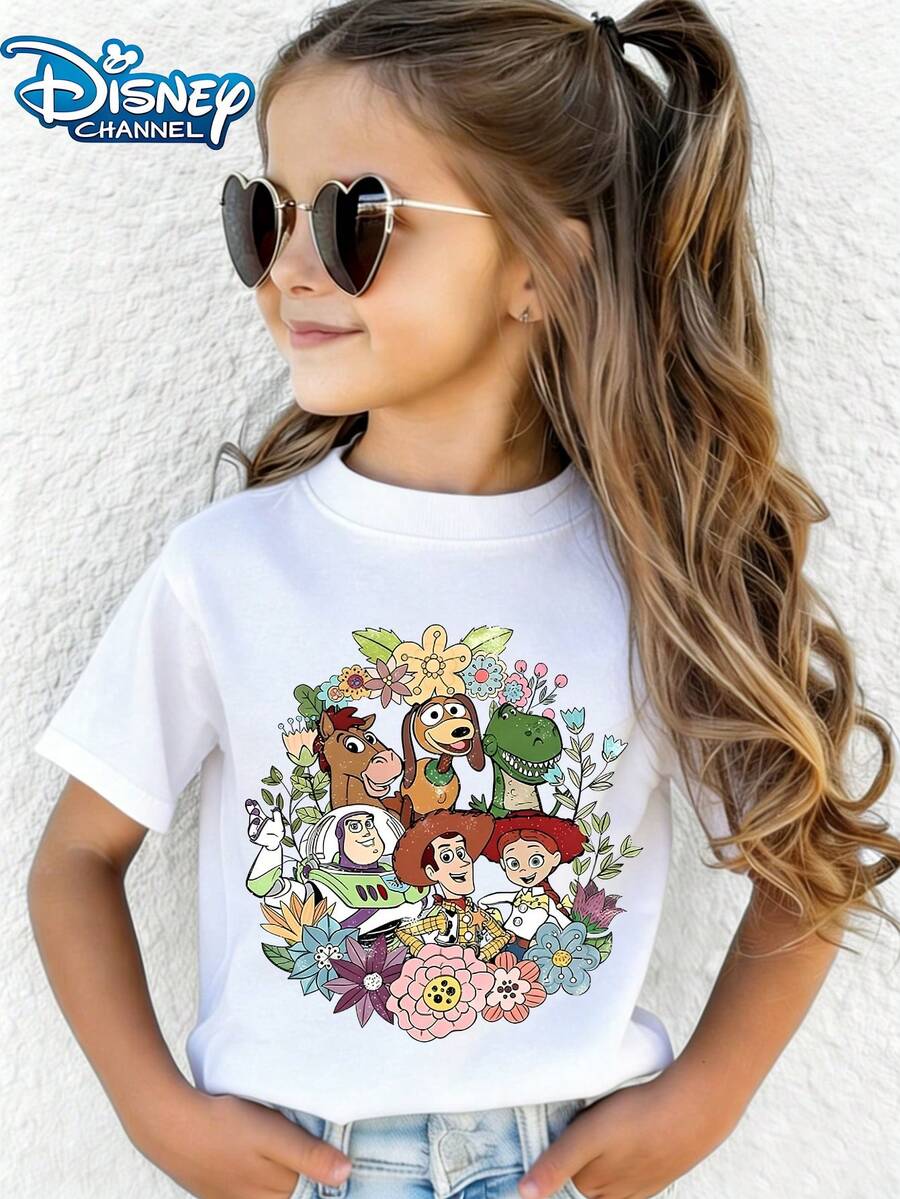 The Classic Characters From Disney's Toy Story, Such As Woody And Buzz Lightyear, Are Surrounded By Flowers Print Pattern Summer Tops,Short-Sleeved Casual And Cute Style  Children's Clothing Design, Girl Clothes,Boy Kids Clothes ,Ropa Para Niños,Teen Girls Clothes, Summer Clothes,Boys Summer Outfits,Boys Clothes,Perfect For Cool Girls. Comfortable And Breathable Children's Short-Sleeved T-Shirt. Comfortable And Casual Wear All Year Children's Clothes,Comfortable & Lightweight, Iconic Print For Mix-And-Match Outfits,Suitable For Both Boys And Girls. - 白色 - 查看 1