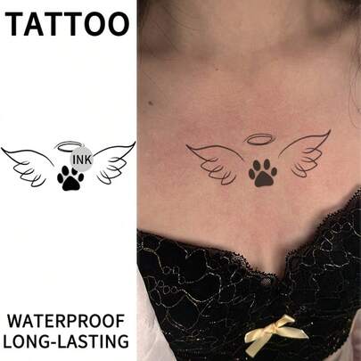 Waterproof Temporary Tattoo Stickers, Minimalist Black Design - Angel Wings, Halo, Dog Paw Prints, Body Art Sleeve Tattoos For Women & Men, Finger, Wrist, Neck, Shoulder, Ankle, Cute Paw Print Design, For Body Decoration, Daily Fake Tattoo Stickers, Suitable For Festivals, Parties, Gifts