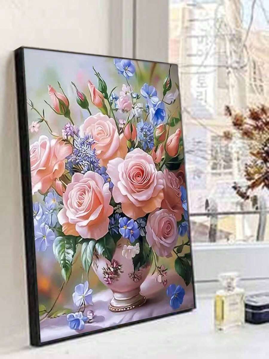 浪漫粉紅玫瑰與藍色花束 DIY 數位油畫手工藝家居裝飾 40x50cm/16x20in 節日禮物 - 40*50厘米 - 查看 1