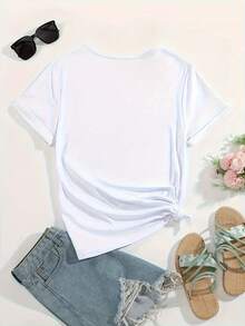 Summer Tops, Casual Sports T-Shirt For Women, Crew Neck T-Shirt, Moonlight Rose, Romantic Date Outfit, Valentine's Day Gift, Butterfly And Flower Pattern, Comfortable Cotton T-Shirt For All Seasons. - White - View 2