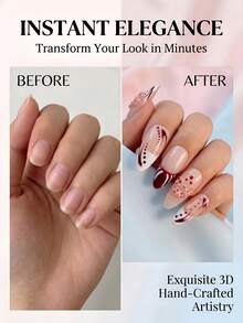 NAILS BASE 10件/組 粉色杏仁形長款法式漸層漸變假指甲，附玫瑰紅花朵，杏仁形甲片，適合辦公場合的中性華麗風，日式手工 P - 彩色 - 查看 4