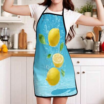 1pc Fruit Lemon Watermelon Strawberry Geometric Striped Print Kitchen Apron, Suitable For Home Cooking, Chef Use, Minimalist Elegant Cooking Apron, Essential For Kitchen, Unisex Sleeveless Apron For Gardening, Housework, Painting, Waterproof And Oil-Resistant
