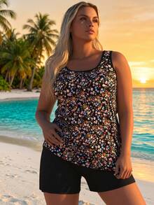 2026 New Fashion Swimsuit Women's Black Floral Print Plus Size Tankini + Boyshort Set For Sweet Style, Fresh & Slim Fit - Multicolor - View 1