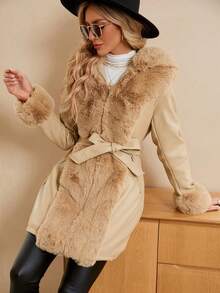 Giolshon Women's PU Jacket With Faux Fur And Belt - Perfect For Autumn/Winter, Stylish And Suitable For Daily Commute Or Work After Fastening The Belt - Khaki - View 6