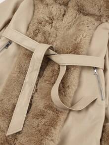 Giolshon Women's PU Jacket With Faux Fur And Belt - Perfect For Autumn/Winter, Stylish And Suitable For Daily Commute Or Work After Fastening The Belt - Khaki - View 11